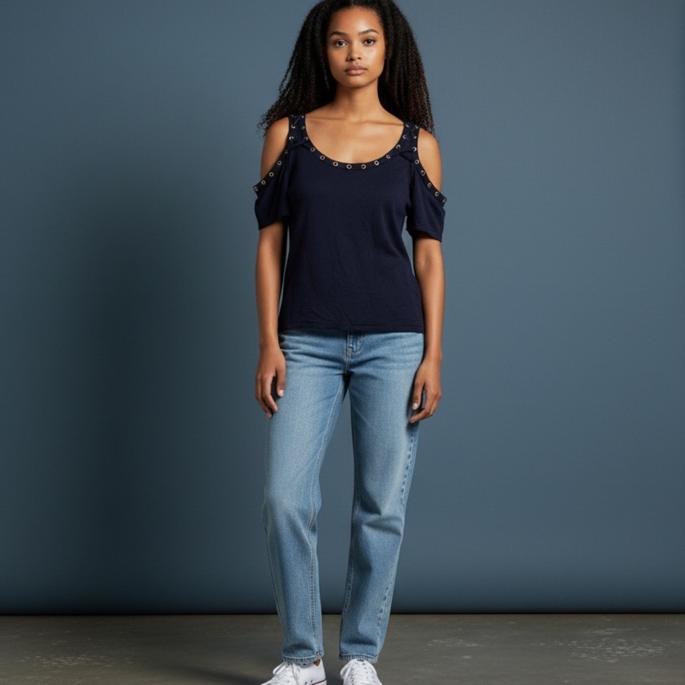 Golden studded/blue shoulder out shirt